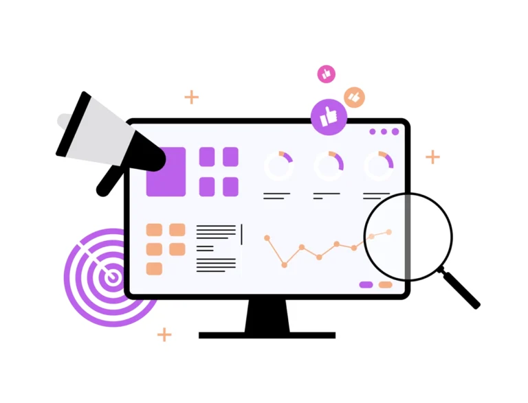 Illustration av en datorskärm som visar olika diagram och grafer.