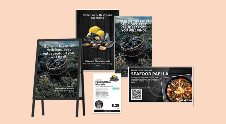Reklammaterial för blåmusslor och seafood paella i olika format