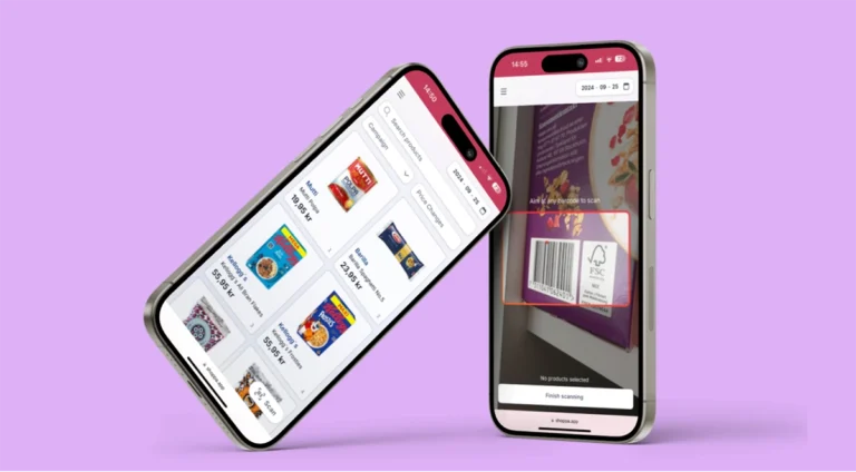 Två mobilskärmar visar Shoppa-appens produktvy och streckkodsskanning